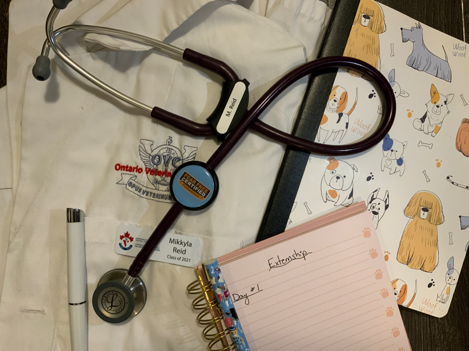 Photo of a stethoscope, notebook and lab coat 
